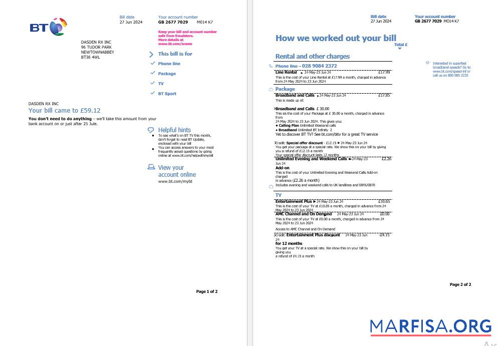 Printable United Kingdom BT business utility bill template in Word and PDF formats, 2 pages